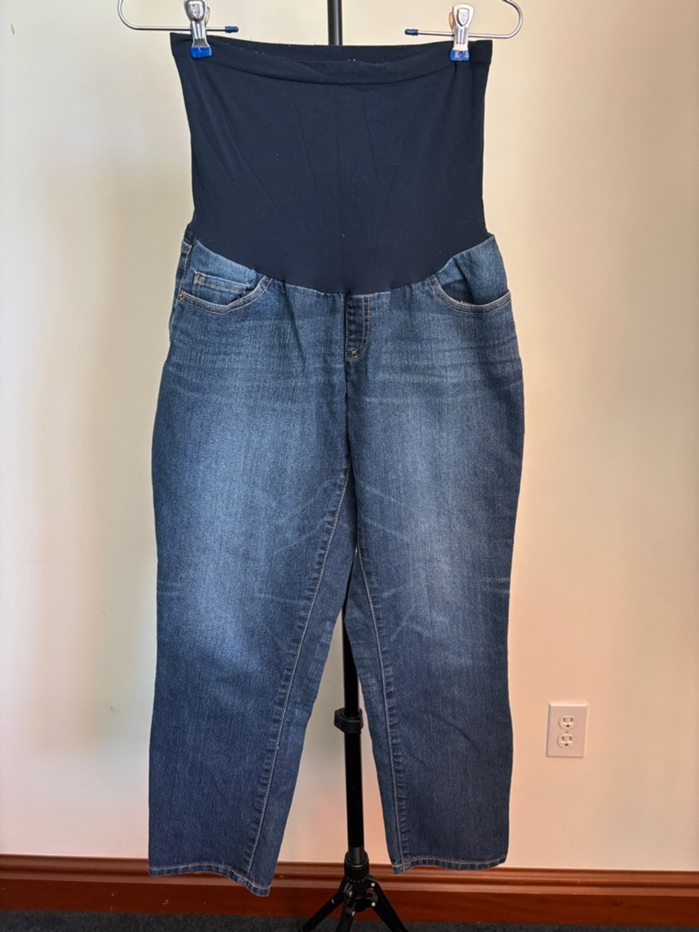 Motherhood Dark Blue Straight-Leg Maternity Jeans with Black Waist Panel